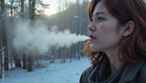 Young woman exhaling frosty breath in cold winter forest with sunlight