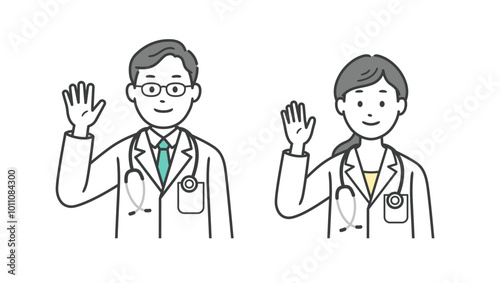 片手を上げて挨拶をする医師の上半身イラスト