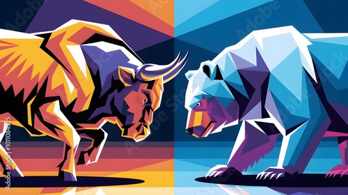 illustration of a bull and bear in a low poly style, investment stratergy, stock market chart background, reflecting financial challenges, Bull vs bear, symbols of stock market trends, fierce market. photo