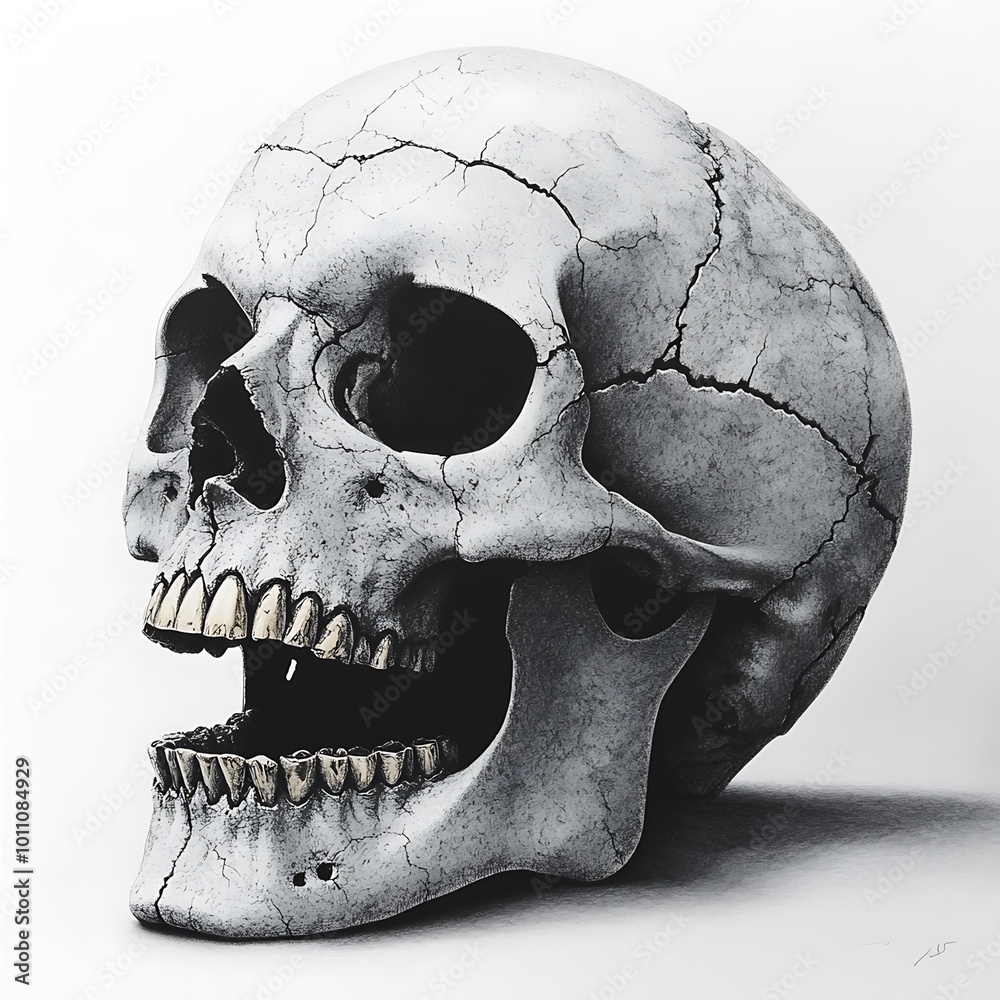Obraz premium A realistic human skull with intricate details, isolated on a white background. The skull has an eerie, haunting presence, symbolizing death and mortality.