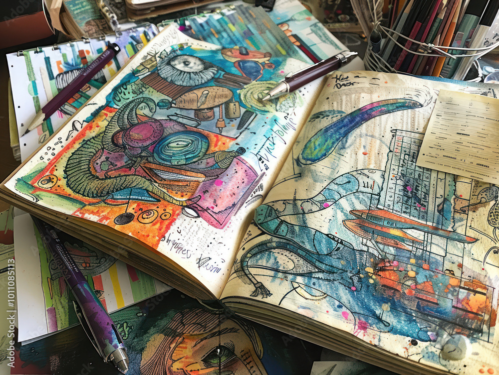 A creative dream journal filled with colorful drawings of dreamscapes and surreal objects. A creative dream journal filled with colorful drawings of dreamscapes and surreal objects.