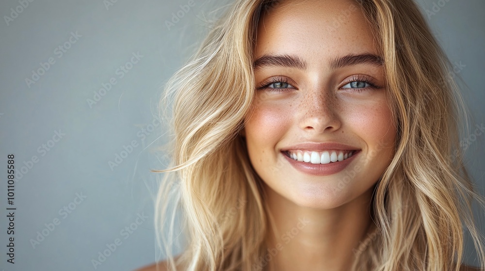 beautiful blond young woman smiling in a professional headshot looking directly at the camera on a gray background highlighting confidence and elegance in a stylish modern portrait beautiful blond young woman smiling in a professional headshot looking directly at the camera on a gray background highlighting confidence and elegance in a stylish modern portrait