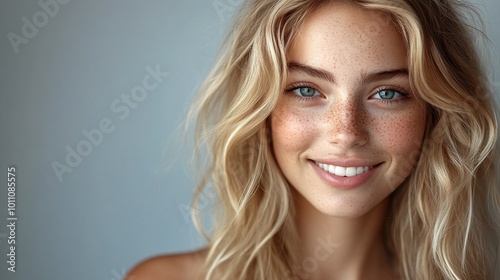 beautiful blond young woman smiling in a professional headshot looking directly at the camera on a gray background highlighting confidence and elegance in a stylish modern portrait