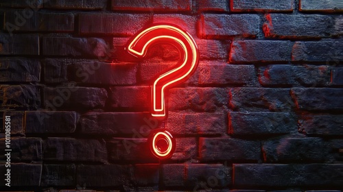 Red neon question mark sign glowing on brick wall