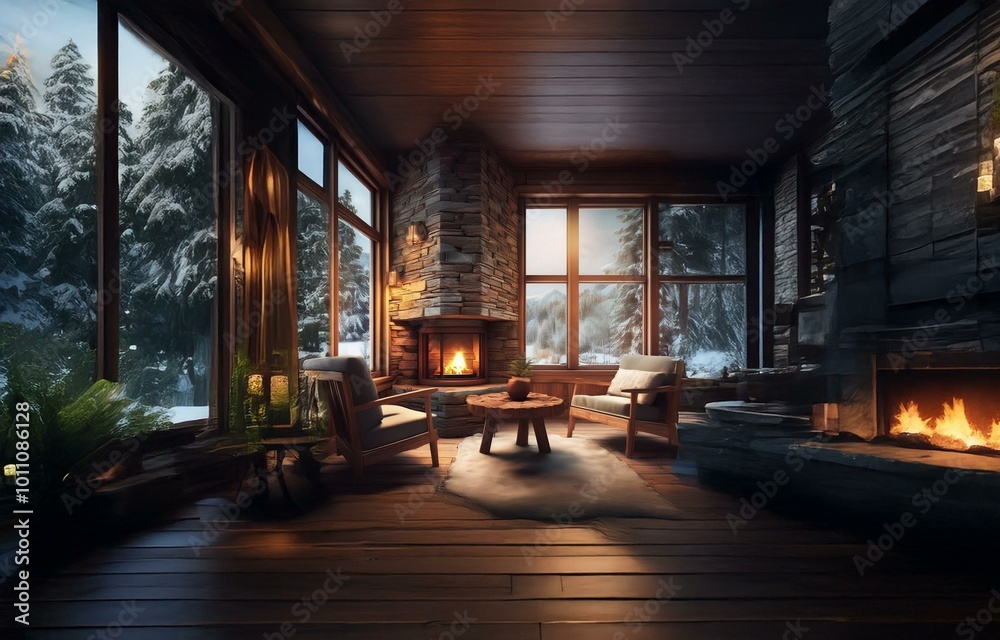 Fototapeta premium Cozy cabin interior with large windows overlooking a snow-covered forest, a fireplace, and a pair of chairs around a coffee table.