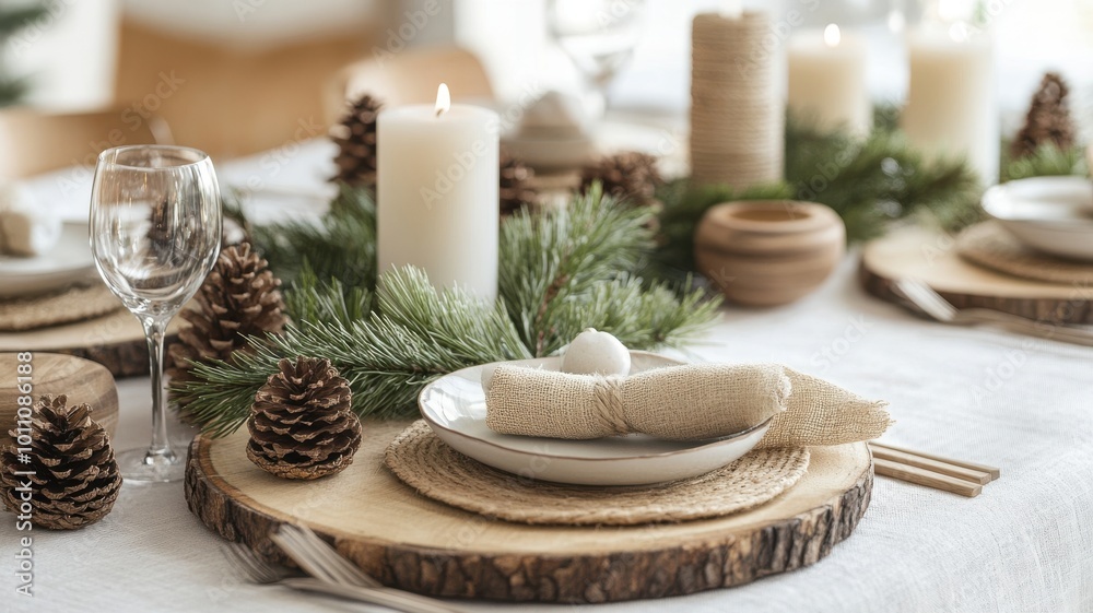 Nature-inspired Christmas dinner with handmade ceramics, wooden platters, and a centerpiece of pine branches, creating a warm and rustic holiday table. Christmas dinner Nature-inspired Christmas dinner with handmade ceramics, wooden platters, and a centerpiece of pine branches, creating a warm and rustic holiday table. Christmas dinner