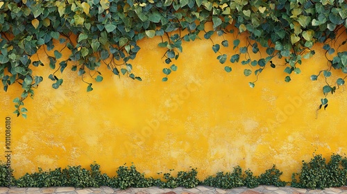 Charming mexican colonial style background featuring a bright yellow wall adorned with lush green vine plants, ideal for vibrant and colorful designs, decorative projects, and cultural-themed artwork photo