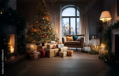 A cozy living room with a decorated Christmas tree, presents, and warm lighting.