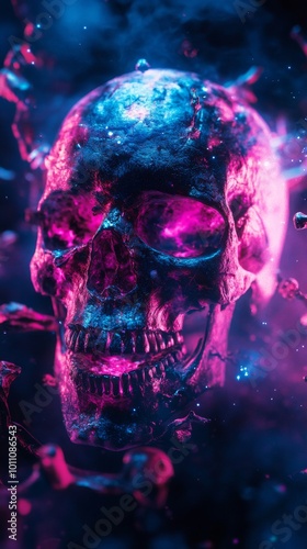 Human skull floating in a vaporwave void