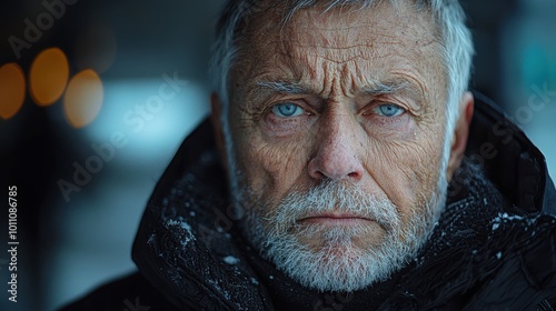 A man with striking blue eyes and grey hair stands against a wintery backdrop, conveying deep emotions during a snowy day