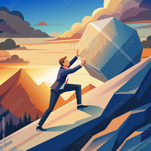 Businessman pushing huge stone up the hill. Business problem crisis hardship and burden concept. stock illustration