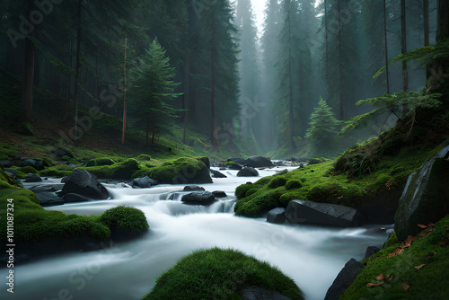 Cascades on clear creek in forest. Summer mountain stream landscape photo