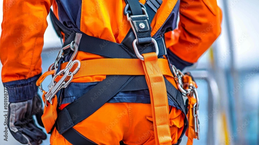 Safety Harness and Belt Close-Up with Clipped Gear Safety Harness and Belt Close-Up with Clipped Gear