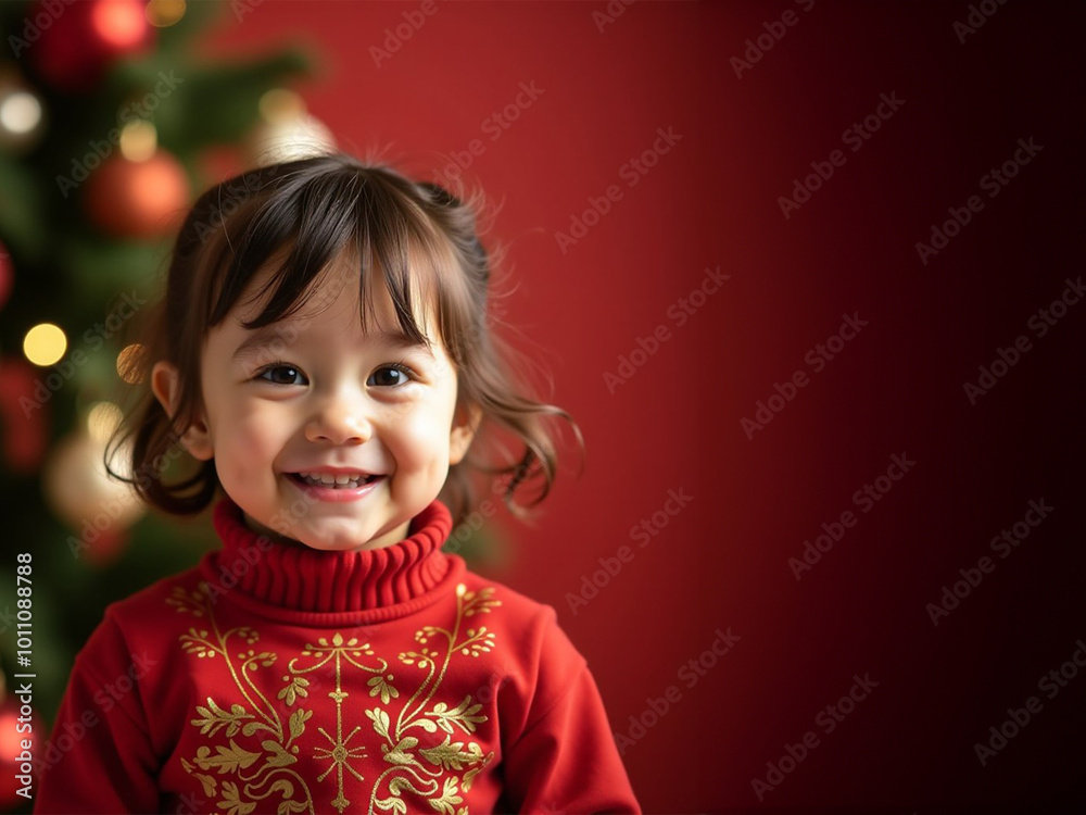 A joyful 3-year-old child smiling against the backdrop of a beautifully decorated New Year tree, with red and gold ornaments creating a warm and festive atmosphere, perfect for the holiday season. A joyful 3-year-old child smiling against the backdrop of a beautifully decorated New Year tree, with red and gold ornaments creating a warm and festive atmosphere, perfect for the holiday season.