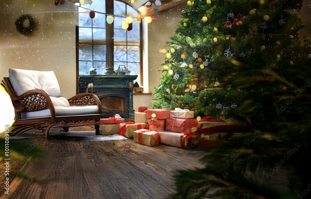 A Christmas tree with lights and ornaments sits near a fireplace and a comfy armchair in a cozy living room. A Christmas tree with lights and ornaments sits near a fireplace and a comfy armchair in a cozy living room.