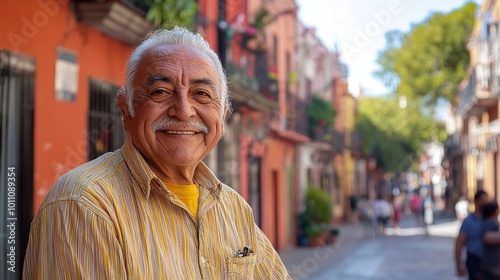 elder man smiling and posing in a city street looking directly at the camera in a confident and relaxed urban portrait photo