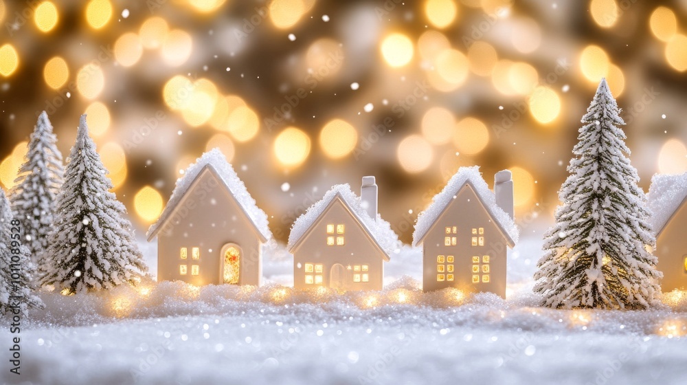 Naklejka premium Tiny white houses, snow-covered trees, and sparkling lights create a cozy winter village. A perfect Christmas scene!