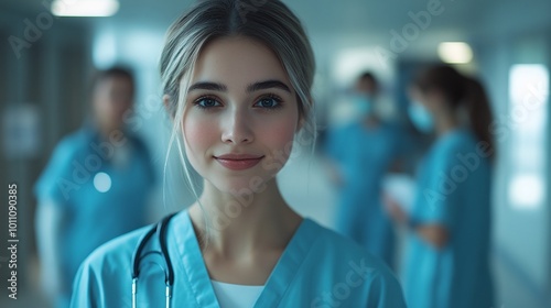 confident female nurse standing in a hospital ward with her medical team in the background showcasing dedication to patient care and teamwork in a hospital setting