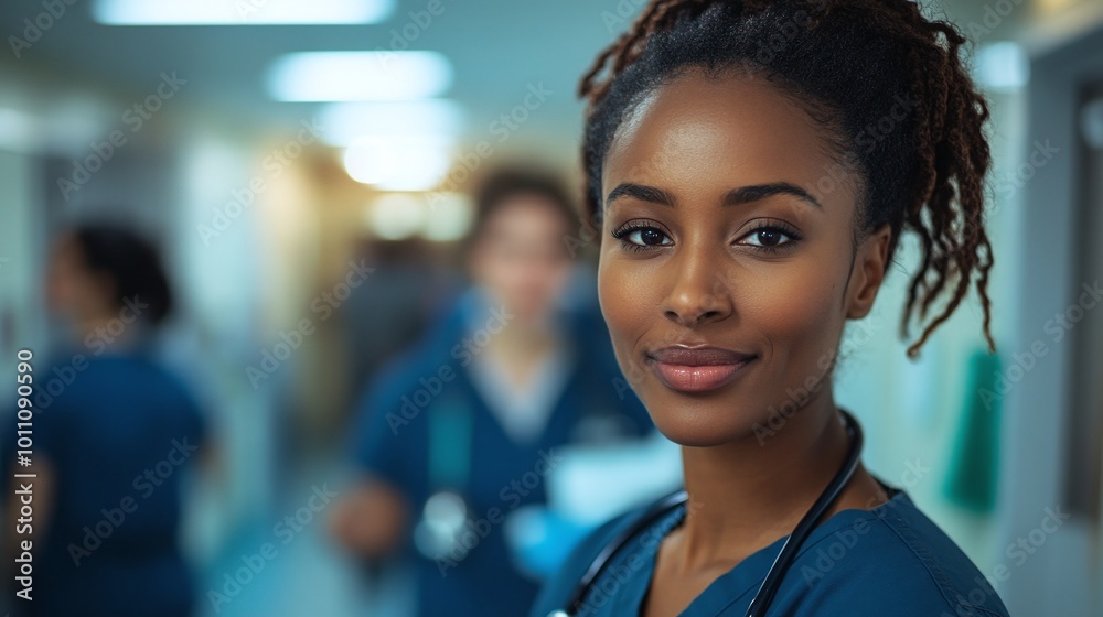 Fototapeta premium confident female nurse standing in a hospital ward with her medical team in the background showcasing dedication to patient care and teamwork in a hospital setting