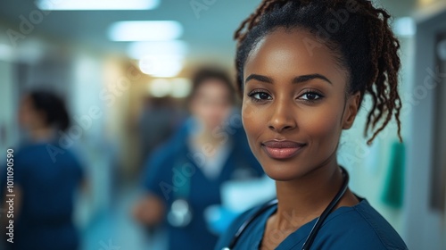 confident female nurse standing in a hospital ward with her medical team in the background showcasing dedication to patient care and teamwork in a hospital setting photo