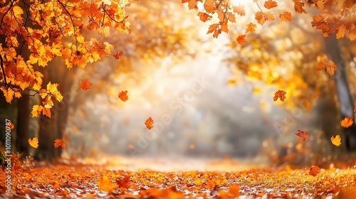 Vibrant Autumn Landscape with Falling Leaves