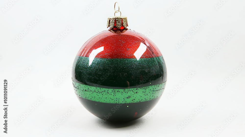 It's a Christmas ornament that's red and green, with a green stripe. It's a Christmas ornament that's red and green, with a green stripe.