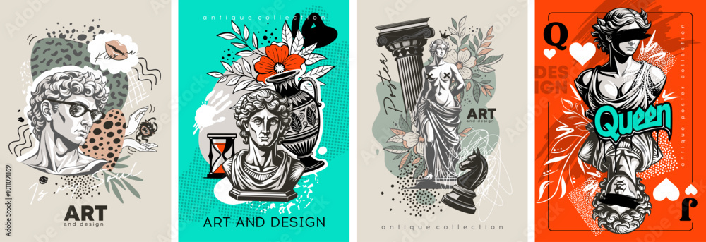 Stylish posters with antique statues and abstraction shapes
