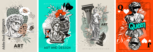 Stylish posters with antique statues and abstraction shapes