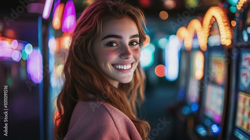 smiling young woman standing near slot machines in a casino enjoying a fun night out filled with gaming and joyful moments photo