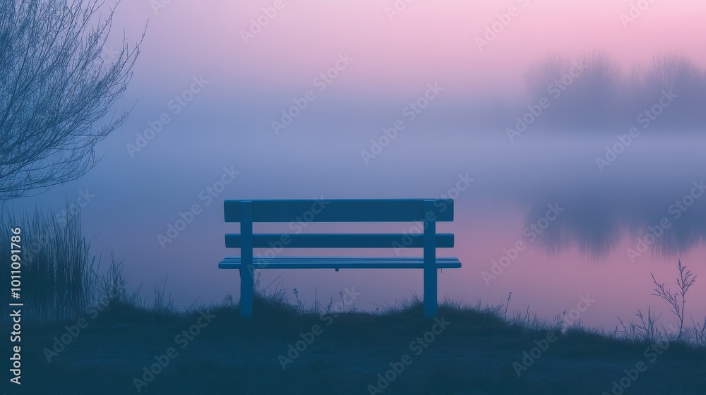 Empty bench waiting on lake shore during a foggy sunrise Empty bench waiting on lake shore during a foggy sunrise