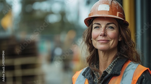 experienced woman working on a construction site wearing safety gear and a work vest confidently smirking while taking on her manual labor duties photo