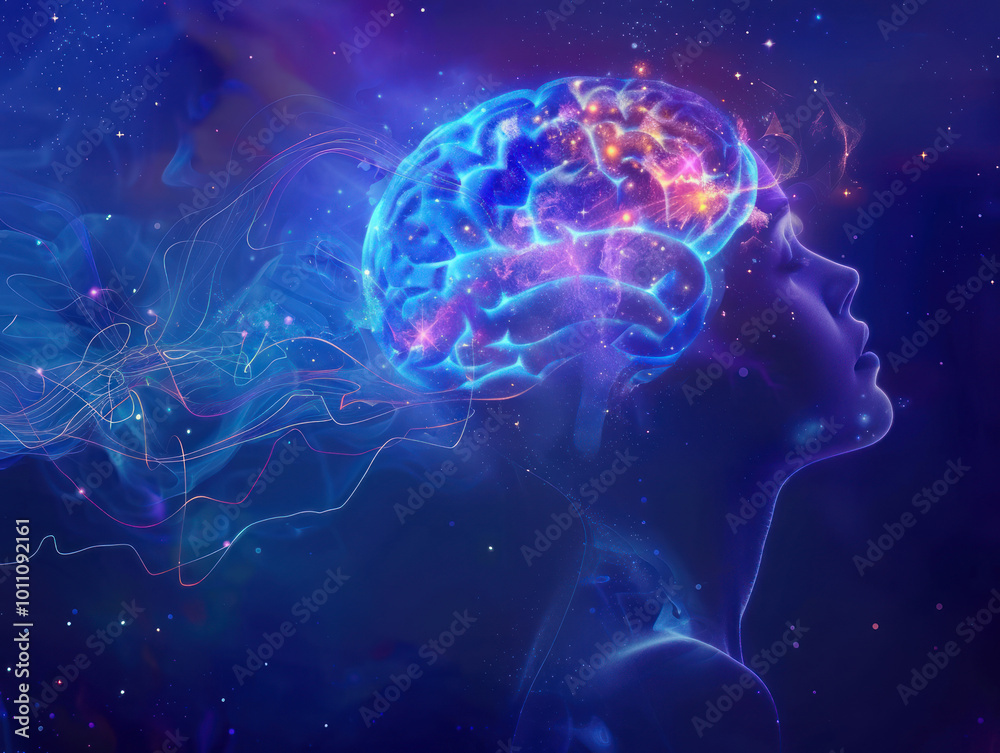 A dreamer'ss brain with glowing neural pathways, connecting mental health concepts and dream symbols. A dreamer'ss brain with glowing neural pathways, connecting mental health concepts and dream symbols.
