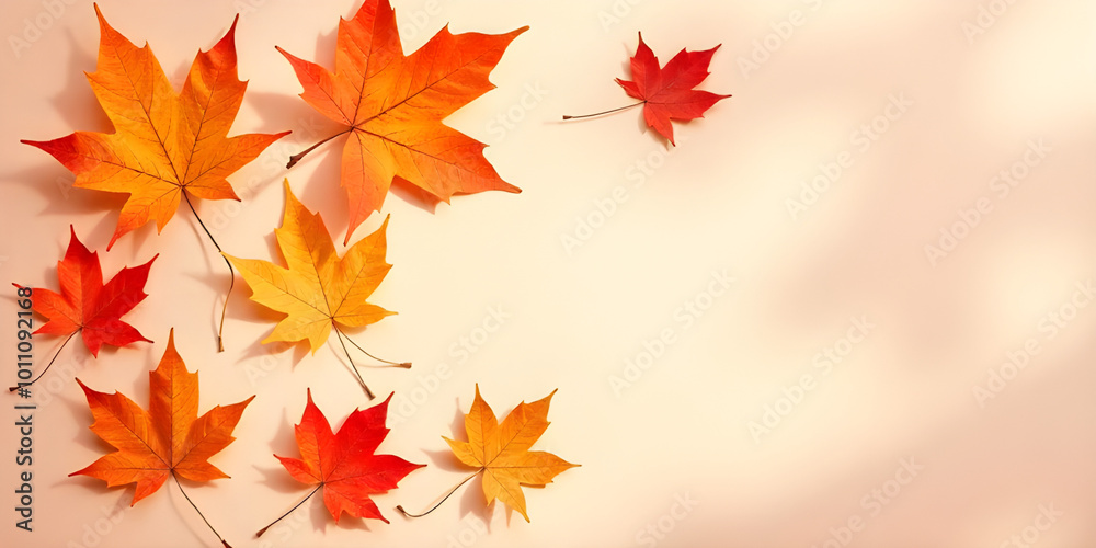 Dried maple leaves on pastel sunlit background with shadow. Autumn, fall, thanksgiving day concept. Flat lay, top view Dried maple leaves on pastel sunlit background with shadow. Autumn, fall, thanksgiving day concept. Flat lay, top view