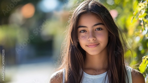 outdoor portrait of a young high school student confidently posing and looking at the camera representing the vibrancy and energy of teenage life photo