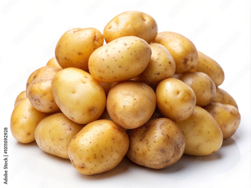 Fresh potatoes displayed against a clean white backdrop, ideal for culinary use, grocery promotions, or organic food Fresh potatoes displayed against a clean white backdrop, ideal for culinary use, grocery promotions, or organic food