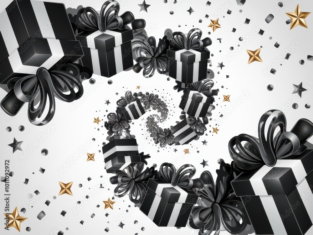 Fototapeta premium Spiral Black White Gift Boxes Stars Confetti - Perfect Holiday Promotions, Black Friday Marketing, Festive Celebrations