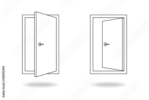 Two doors graphic icons. Open doors signs isolated on white background. Entrance or exit symbols. Vector illustration