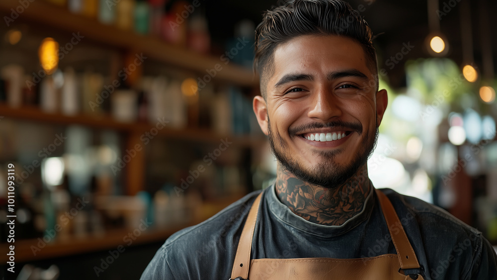 Latino Hispanic Man Barber - barber, tattoo, smile, shop, haircut, happy, trendy, apron, urban, grooming, male, hairstyle, mustache, beard, casual, professional, hairstylist Latino Hispanic Man Barber - barber, tattoo, smile, shop, haircut, happy, trendy, apron, urban, grooming, male, hairstyle, mustache, beard, casual, professional, hairstylist
