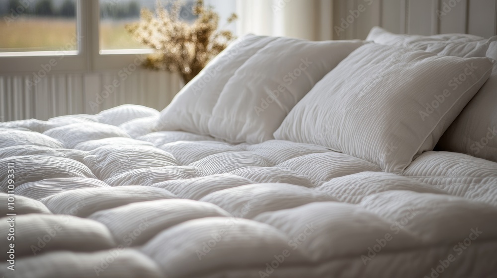 A soft, striped mattress topper on a bed, adding an extra 4 inches of comfort with a quilted design.