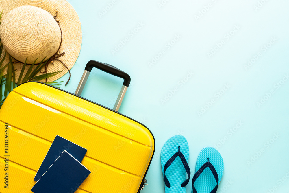 Suitcase, hat and flip flops on blue background. Happy Holidays, travel concept. Flat lay with space for text.