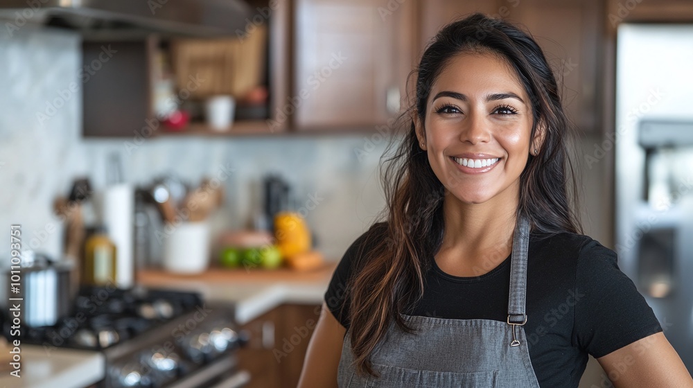 proud homemaker smiling and standing in her modern kitchen showing off the clean and organized space in a comfortable and relaxed home setting proud homemaker smiling and standing in her modern kitchen showing off the clean and organized space in a comfortable and relaxed home setting