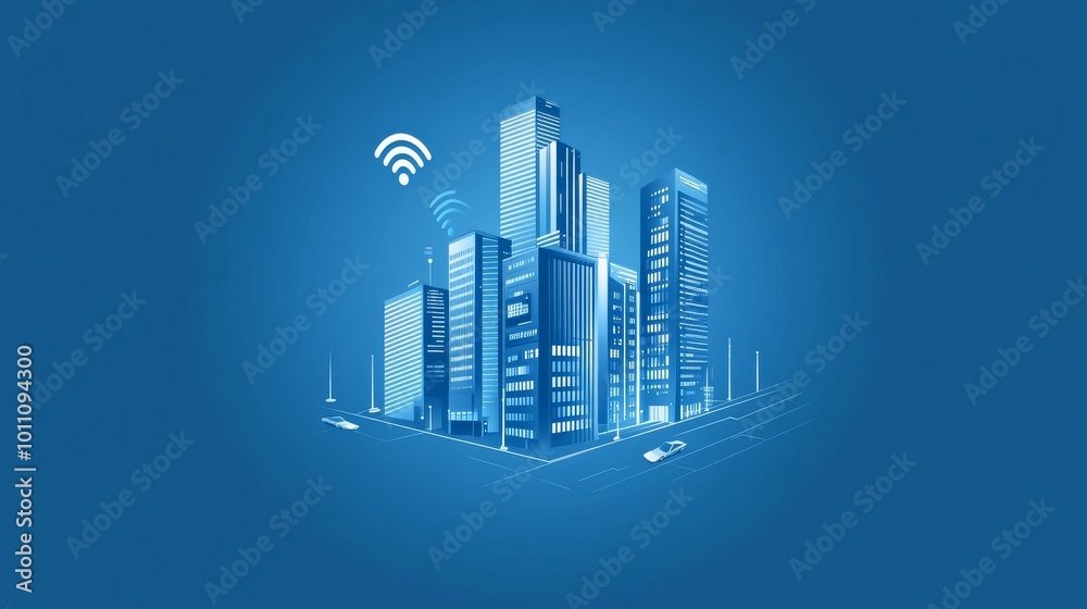 A modern city building with a blue background. The design uses the idea of smart homes and automation, with a logo representing this technology. A modern city building with a blue background. The design uses the idea of smart homes and automation, with a logo representing this technology.