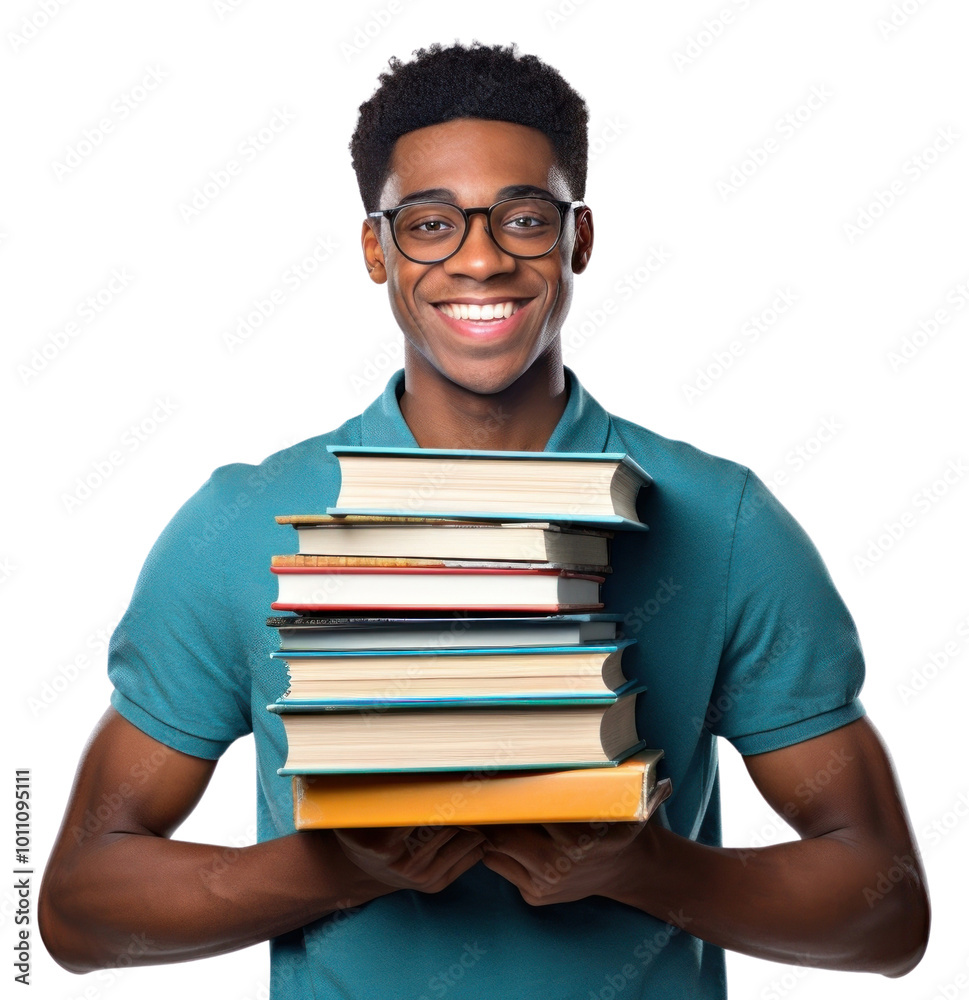 PNG College student holding stack of books publication glasses reading. PNG College student holding stack of books publication glasses reading.