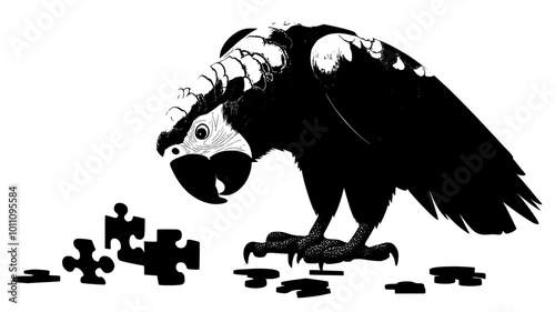 African grey parrot using its foot to manipulate a puzzle toy, vector illustration art
