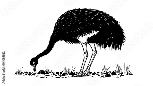 Ostrich lowering its head to the ground, pecking at small objects, vector illustration art