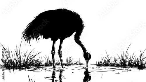 Ostrich stands by a waterhole, dipping its beak into the water for a drink, vector illustration art