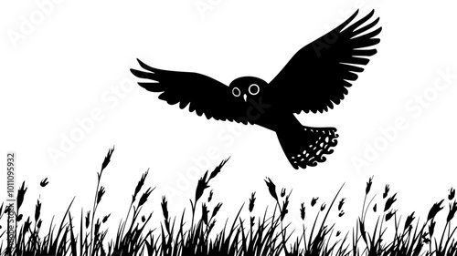 Owl hovering above a field, wings beating slowly as it prepares to descend, vector illustration art