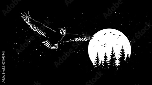 Owl flying silently through the night sky, wings outstretched, gliding over a forest, vector illustration art