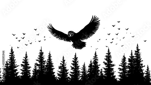 Owl flying silently through the night sky, wings outstretched, gliding over a forest, vector illustration art