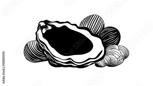 An oyster lies among other shellfish, its uneven shell shape clearly visible, vector illustration art